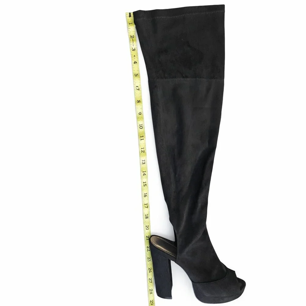 Liliana Black Over-The-Knee Platform Boots Peep Toe Chunky Heel Faux Suede SZ 10